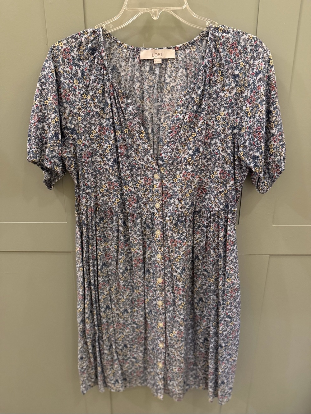 LOFT Navy and Pastel Floral V-Neck Dress